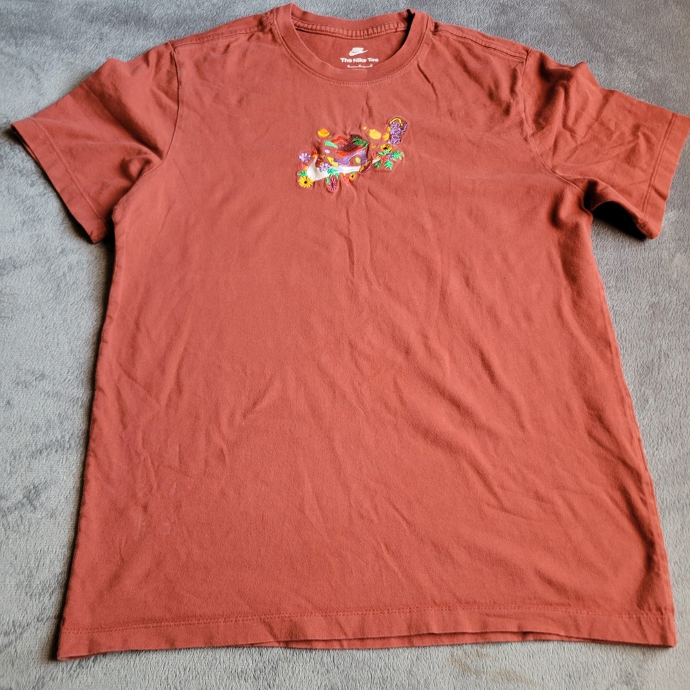 Nike Women T-Shirt Medium Rust Orange Cotton Floral Embroidered Casual Sporty